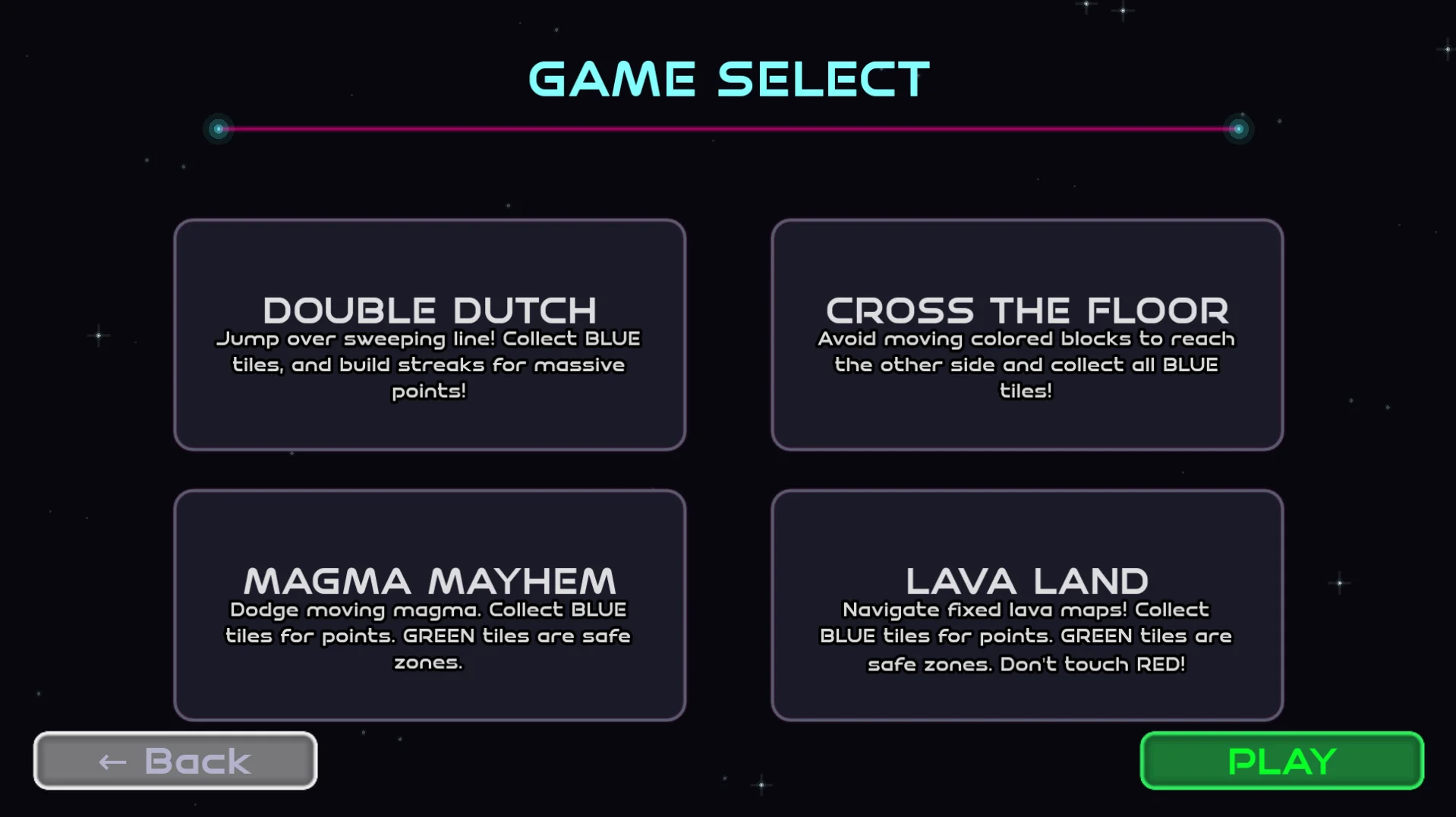 GameSelect.webp Auswahl eines Spielmodus auf dem Delta Matrix Bildschirm