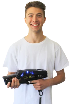 boy using mobile laser tag equipment