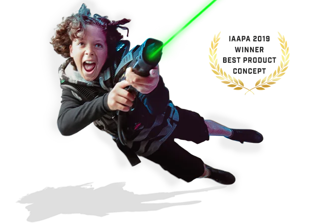 boy wearing and playing with Genesis laser tag equipment